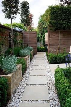 an outdoor garden with stone walkways and trees