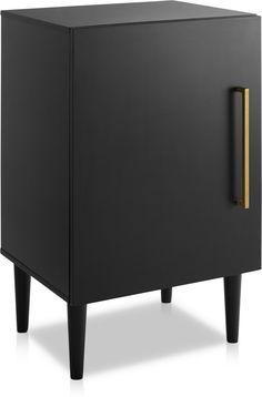 a black cabinet with gold handles on the front and bottom, against a white background