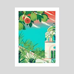 an illustration of a building with fruit on it