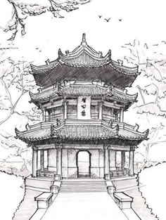 an ink drawing of a pagoda in the park