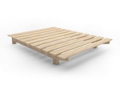 a wooden bed frame with slats on the bottom, and one foot in the middle