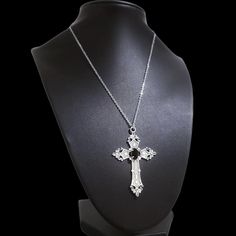 Silver-tone Cross Pendant with Black Crystal Center.  Stainless Steel Chain.  Chain Extender for size adjustment.  Lobster Clasp Closure.  CB159  #CROSS #necklace #gothic jewelry accessories fashion punk #crossearrings #newjewelry new gift goth crosses silver antique Ornate New Rhinestone alternative Victorian Dark handmade Catholic Christian Cheap Black Cross Jewelry, Cheap Black Crucifix Necklace, Cheap Black Crucifix Jewelry, Black Cross Necklace Png, Cheap Black Cross Necklace, Elegant Metal Cross Necklace With Adjustable Chain, Formal Cross-shaped Metal Jewelry, Black Metal Cross Chain Necklace, Adjustable Gothic Cross Pendant Jewelry