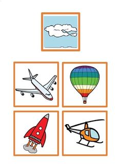 four pictures with different types of objects in them, including an airplane and a hot air balloon