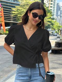 Black Casual Collar Short Sleeve Fabric Plain Top Embellished Non-Stretch  Women Clothing Tshirt For Women Casual, Oversized Crop Top Outfit, Trendy Tops For Women Casual, Wrap Top Outfit, Sindhi Embroidery, Minimal Stil, Blouse Outfit Casual, Kurti Sets, Wrap Front Top