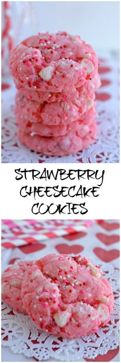 strawberry cheesecake cookies are stacked on top of each other