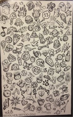 a drawing of many different tattoos on a piece of paper with writing and symbols in black ink