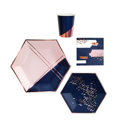 three pieces of pink and blue paper with gold confetti on the bottom, one in