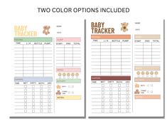 two color options included for baby trackerr with teddy bear on top and the words baby tracker