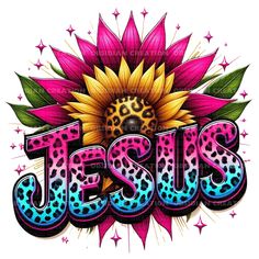 the word jesus painted in bright colors with a sunflower and leopard print on it