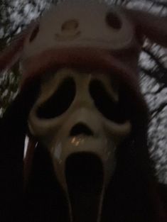 a creepy mask hanging from the side of a tree in front of some trees with no leaves