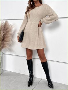 Free Returns ✓ Free Shipping✓. SHEIN Clasi Lantern Sleeve Sweater Dress- Women Sweater Dresses at SHEIN. Mod 60s Fashion, Casual Sweater Dress, Skater Sweater, Fall Winter Dress, Glamorous Evening Dresses, Lantern Sleeve Sweater, Maternity Chic, Sweater Dress Casual, Walmart Fashion