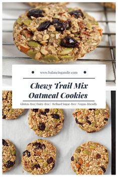 cookies with oats and raisins on top are shown in front of the words cherry trail mix oatmeal cookies