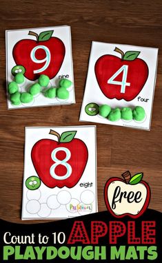 three apple playdough mats with the number eight on them and an apple in the middle