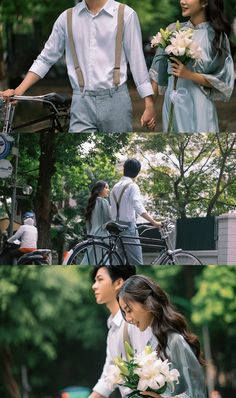 two people riding bikes with flowers in the basket and one person walking behind them, both wearing suspenders