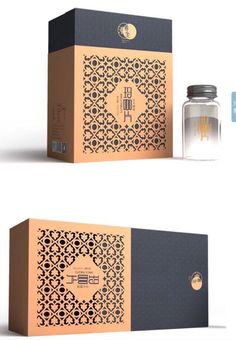 two boxes with different designs on them and one has a jar in front of it