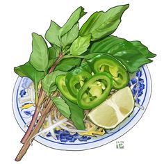 a painting of green peppers and noodles on a blue and white plate with chopsticks