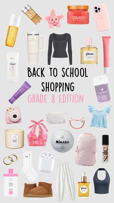 the back to school shopping guide for grade 8 students is shown in pink and white