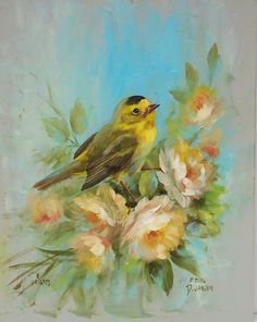 a painting of a bird sitting on top of flowers