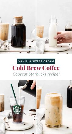 cold brew coffee is being poured into a glass mug and then served with whipped cream