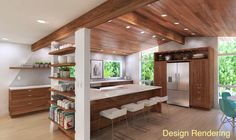 a kitchen with wooden ceiling and white counter tops