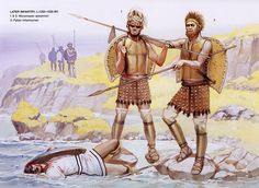 two men standing next to each other holding spears in their hands while another man lies on the ground