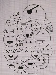 a bunch of emoticions are drawn on a piece of paper with graph paper in the background