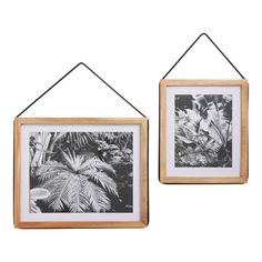 two framed pictures hanging on the wall with black and white images in them, one is holding