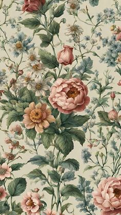 a floral wallpaper with pink, blue and white flowers on it's sides