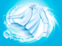 an illustration of a white shirt floating in the air with bubbles around it on a blue background