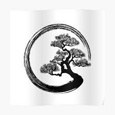 a black and white shower curtain with a bonsai tree in the circle on it