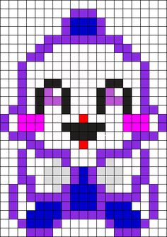 a cross stitch pattern with a purple and white cat on it's face,