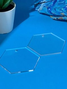 two clear hexagons sitting on a blue surface next to a potted plant