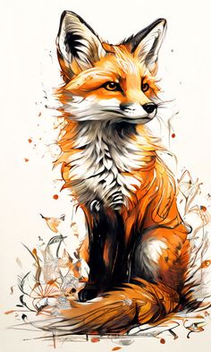 a painting of a fox sitting on the ground