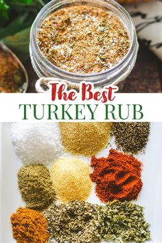 the best turkey rub recipe in a glass jar with spices and seasoning on top