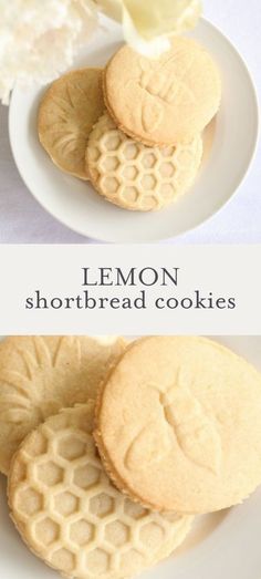 lemon shortbread cookies on a white plate with the words, lemon shortbread cookies