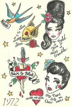 an old school tattoo design with different tattoos on the back of her head and shoulder