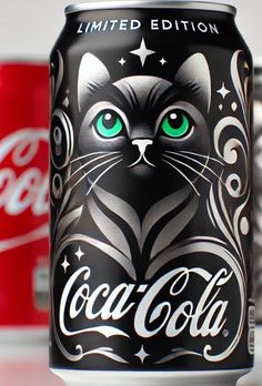 a can of coca cola with green eyes