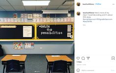 two desks in front of a blackboard with writing on it