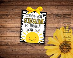 a sunflower with a card saying sending you sunshine to brighten your day on it