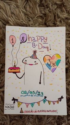 a birthday card with a cartoon dog holding a cake and balloons in the shape of a heart