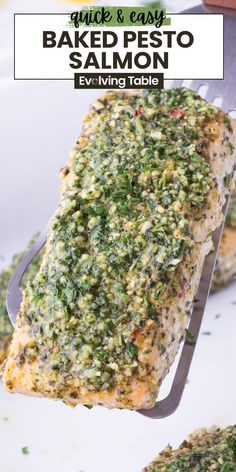 baked pesto salmon on a spatula being lifted from the plate with text overlay