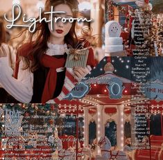 a collage of christmas images with the words lightroom on it and an image of a woman holding a present