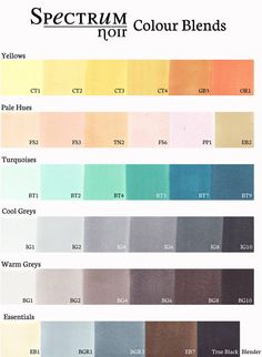 the color chart for different shades of paint, including blue and yellow with text that reads spec