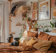 two cats sitting on top of a bed in a room with pictures above the headboard