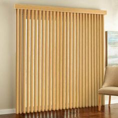 a living room with wooden blinds in it