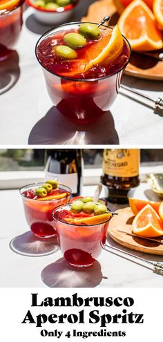 two pictures of different types of fruit in glasses with the words lambrusco aperoli spritz only 4 ingredients