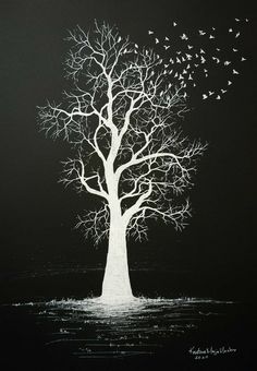 a painting of a tree with birds flying around it