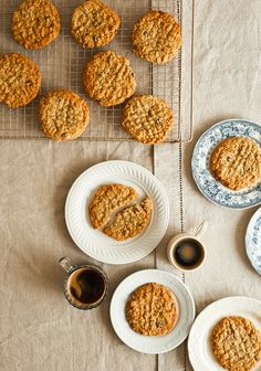 cookies and coffee are sitting on the table