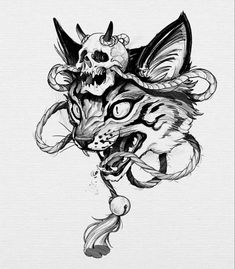 a drawing of a cat with a skull on its head