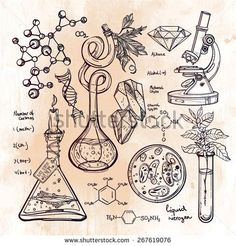 hand drawn science doodles on white paper with various items and symbols for the experiment